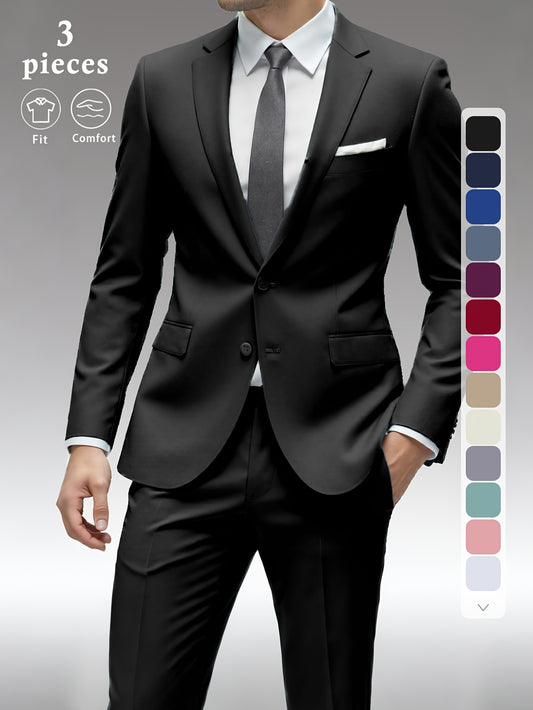 Men's Three-Piece Formal Suit - Slim Fit Solid Color – Black option – main product image