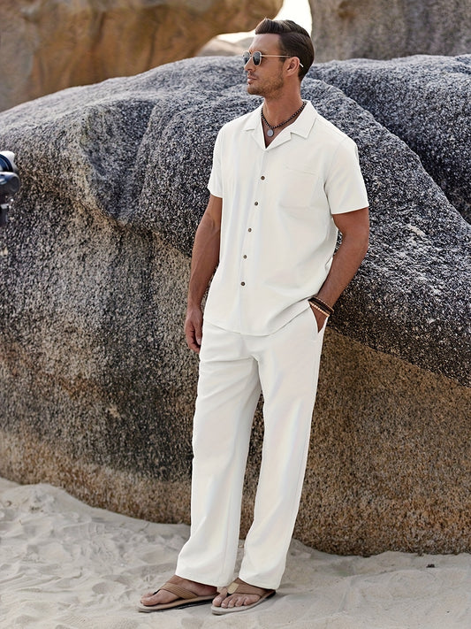 Men's Two-Piece Outfit Set - Short Sleeve – Black Linen – Black option – main product image