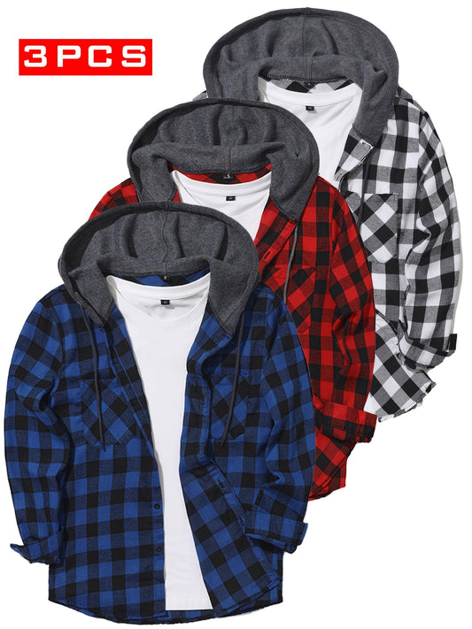 Men's Versatile Plaid Button-Front Hoodie – Blue option – main product image