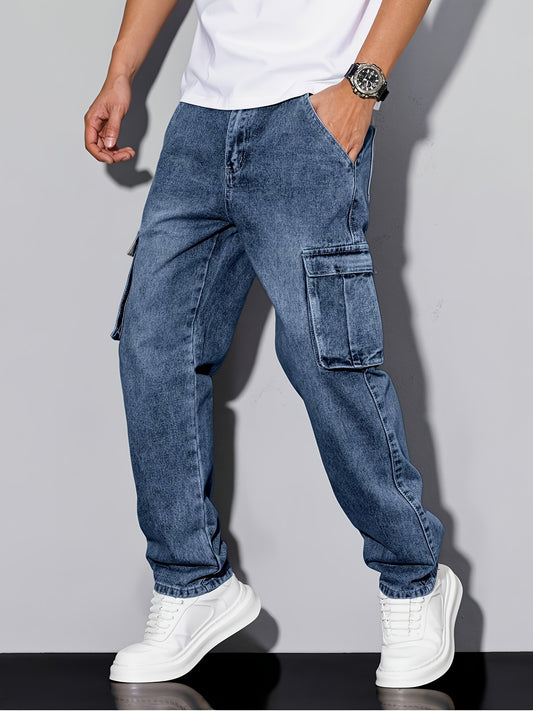 Men's Workwear Straight Leg Jeans - Loose Multi-Pocket Washed Denim – Navy option – main product image
