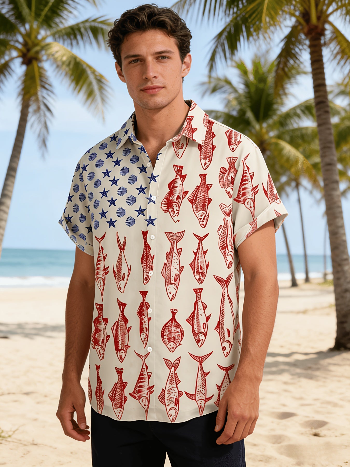 Men's Fishing Shirt – American flag and red fish print – view 2