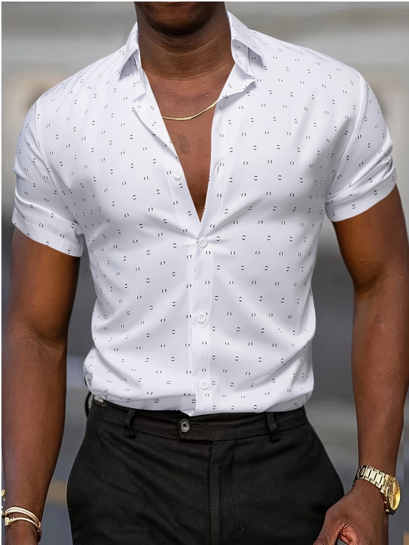Men's Geometric Button Up Shirt – White geometric print – view 3