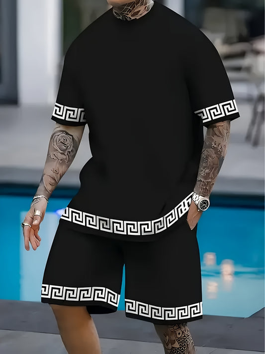 Men's black plus-size Greek key T-shirt and shorts set – main product image