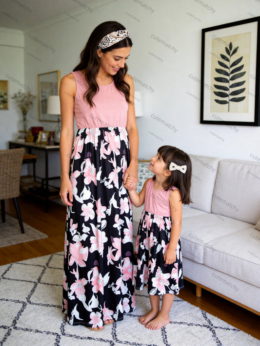 Mommy and Me Floral Dress Set - Floral Long Sleeve Summer – Pink option – main product image