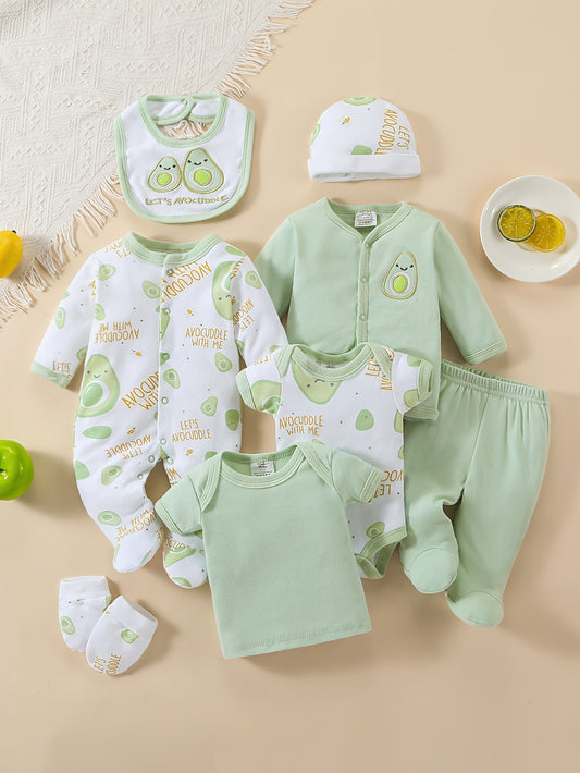 Newborn 8-Piece Avocado Outfit Set - Romper Hat Bib Pants and Coat – main product image