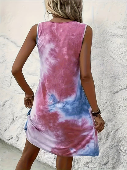 Tie Dye Floral Dress – Blue, Light Blue tie-dye floral and color block print – view 4