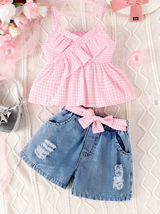 Toddler Girl Denim Outfit Set - Summer – Pink option – main product image