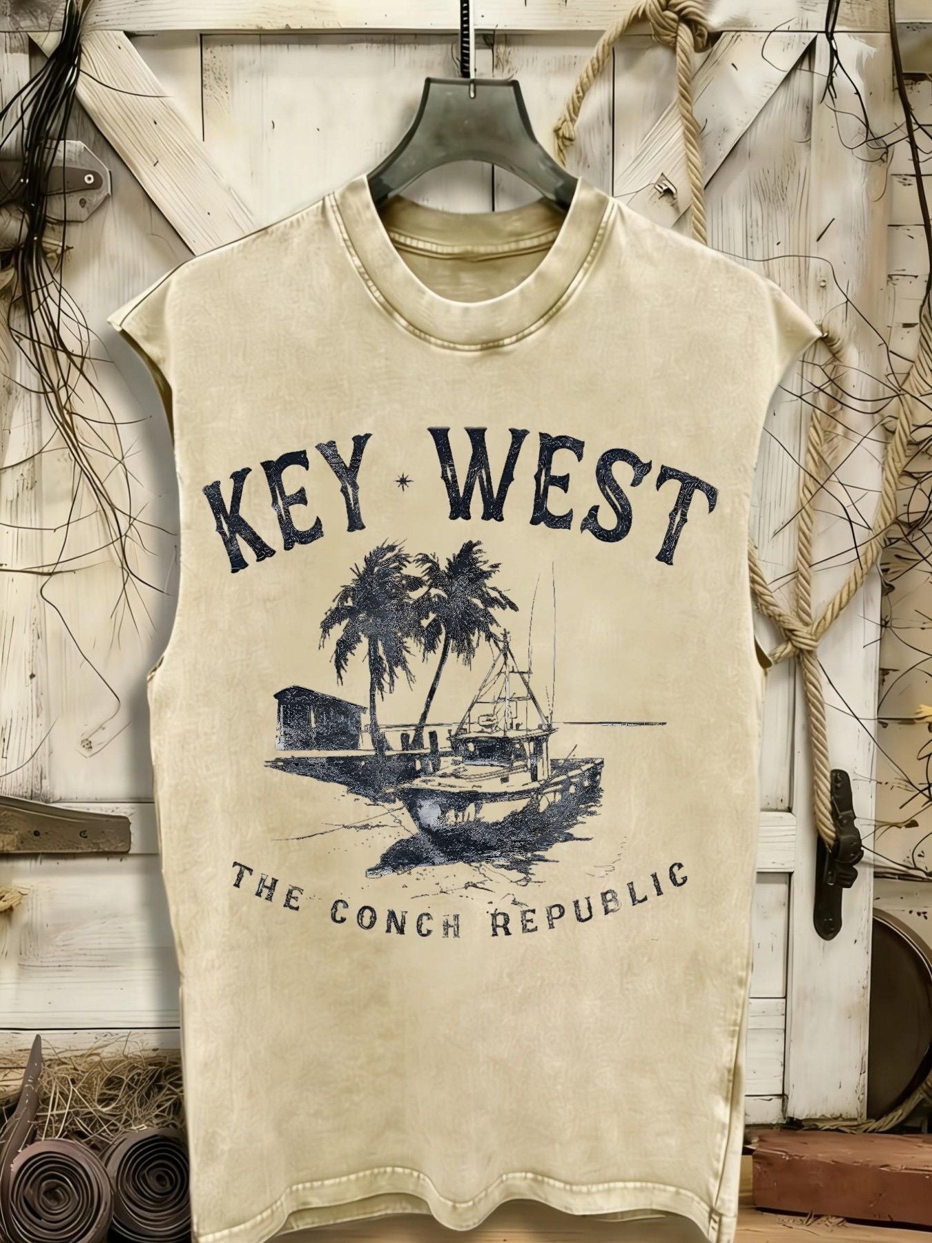 Unisex washed Key West graphic sleeveless tank top – view 4
