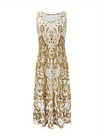 Vacation Floral Midi Dress – Khaki random geometric floral print – view 10