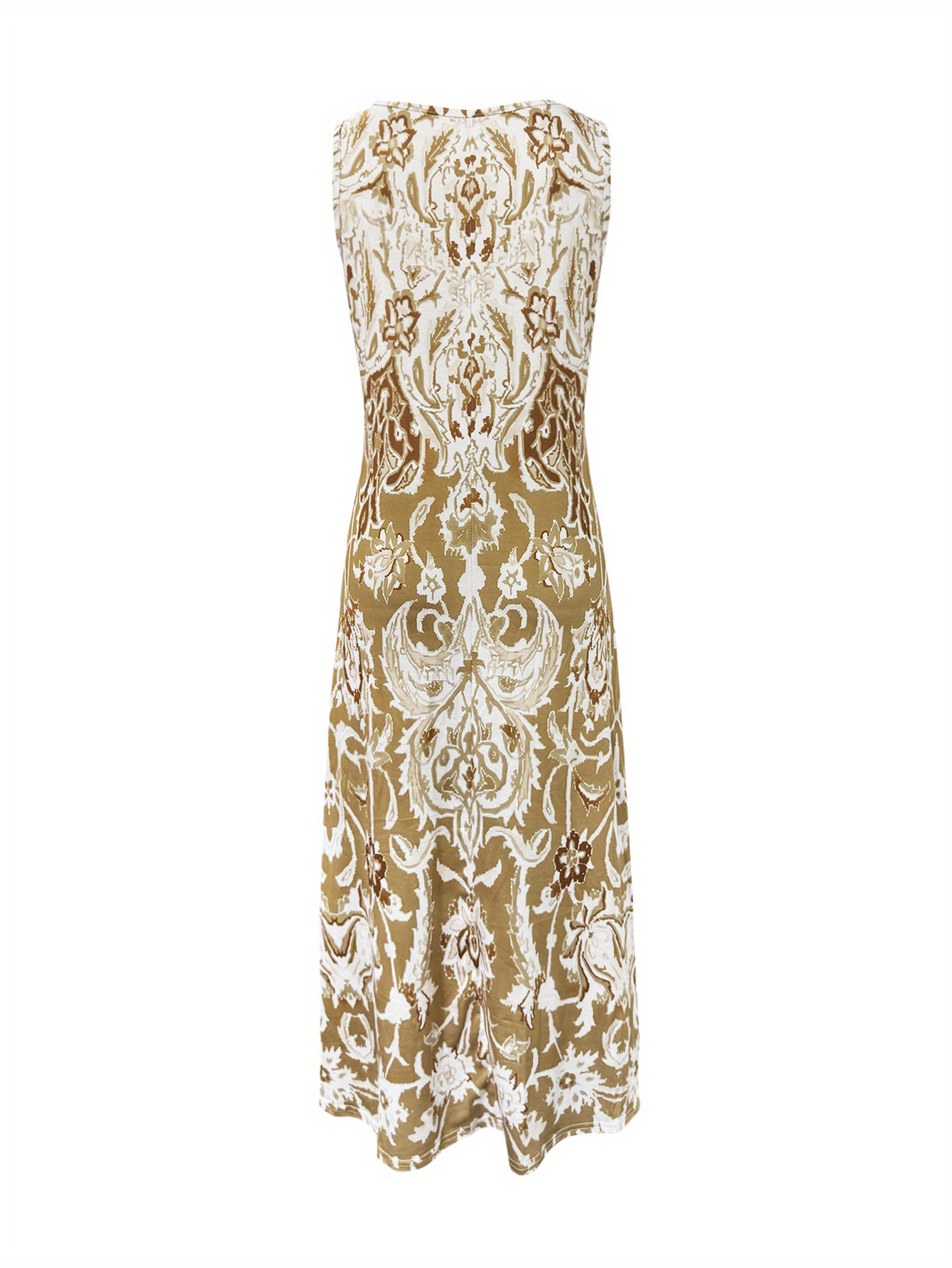 Vacation Floral Midi Dress – Khaki random geometric floral print – view 9