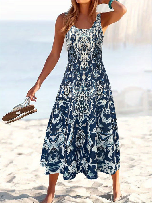 Vacation Floral Midi Dress – Khaki Printed Summer Style – Khaki option – main product image