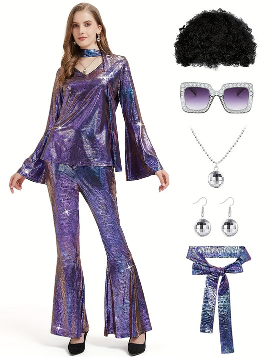Women's 7-Piece Retro Costume Set - Disco Rock Style – Black option – main product image