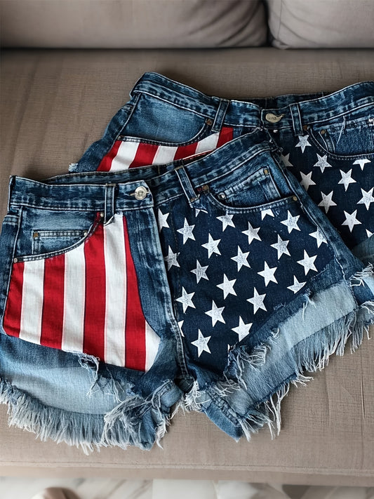 Women's American Flag Denim Shorts - Frayed High Waist – Navy option – main product image