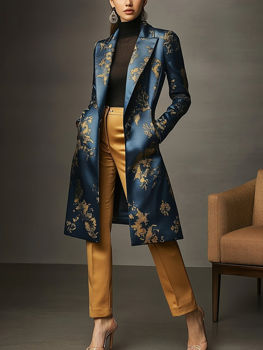 Women's Baroque Floral Blazer - Longline Single-Button Style – Navy option – main product image