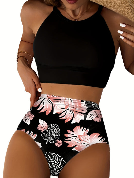 Women's Bikini Set - Floral Print Classic Neckline Tummy Control – Black option – main product image
