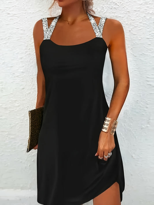 Women's Black Cross Strap Dress – Sleeveless Knee-Length Style – Black option – main product image