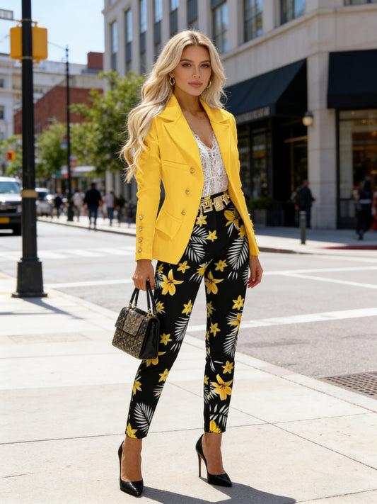 Women's Blazer Pantsuit Set - Business Printed Style 77 – Yellow option – main product image