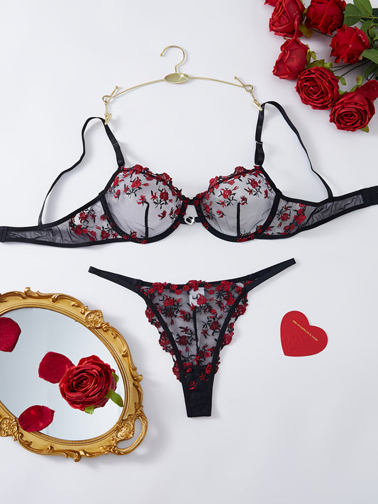 Women's Bra and Panty Lingerie Set - Floral Lace Coordinated – Black Red – main product image