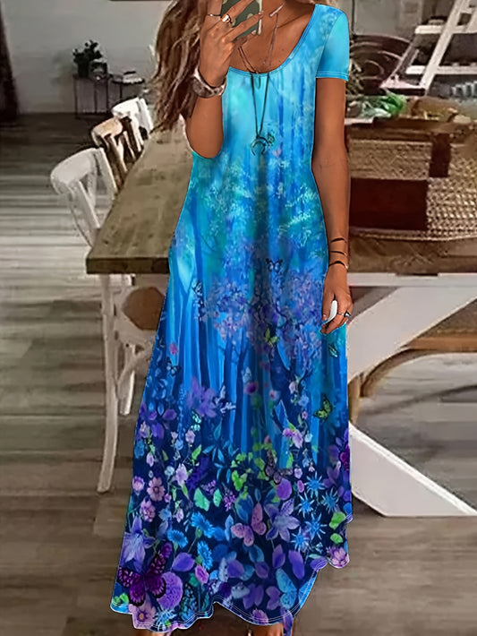 Women's Butterfly Print Dress – Blue Short Sleeve Style – Blue option – main product image
