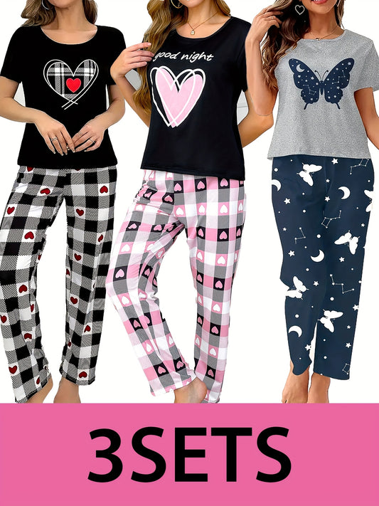 Women's Butterfly Print Pajama Set - Short Sleeve Top & Elastic Pants – main product image