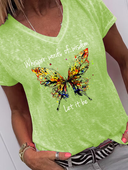 Women's Butterfly Print T-Shirt - V-Neck Short Sleeve – White option – main product image