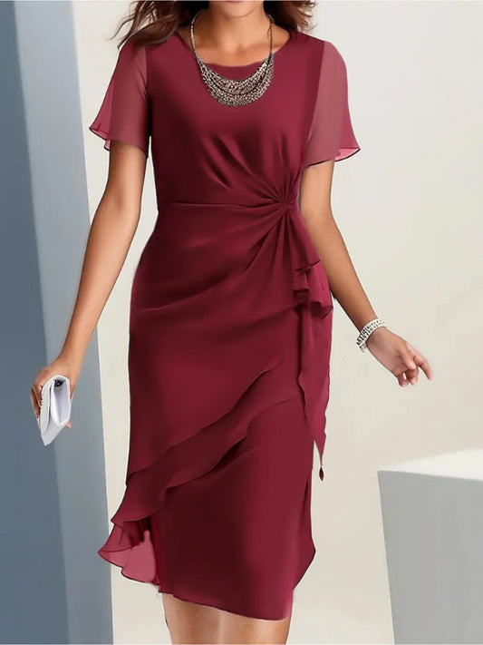 Women's Crew Neck Midi Cocktail Dress – Short Sleeve Party Style – main product image