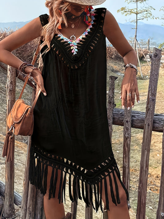 Women's Crochet Fringe Beach Cover-Up - V-Neck Pullover Swim Tunic – Apricot option – main product image