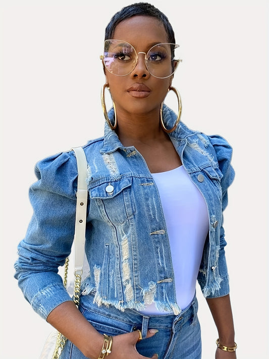 Women's Cropped Denim Button-Front Jacket – Black / Light Blue – Black option – main product image