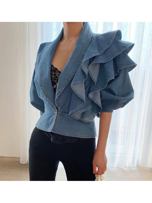 Women's Cropped Denim Button-Front Jacket – Blue – Blue option – main product image