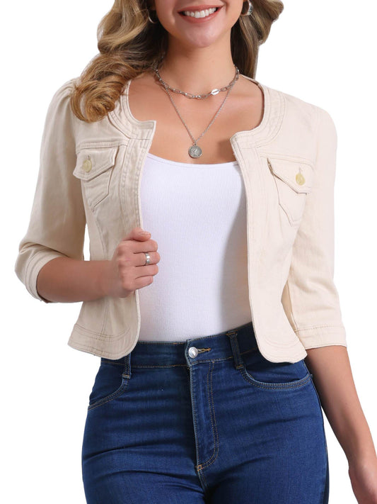 Women's Cropped Denim Open-Front Jacket – Brown option – main product image