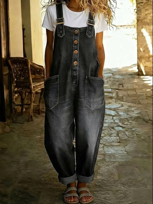 Women's Denim Overalls - Full Length Pocket Detail – Black option – main product image
