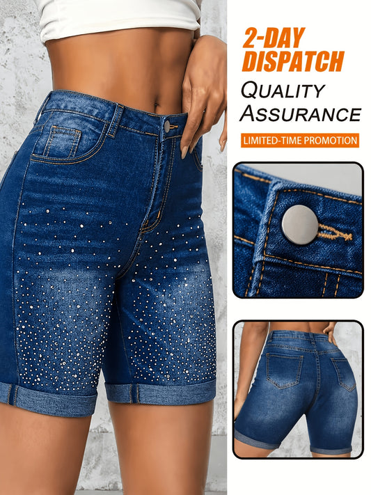 Women's Denim Shorts - Rhinestone Detail Regular Fit – Blue option – main product image