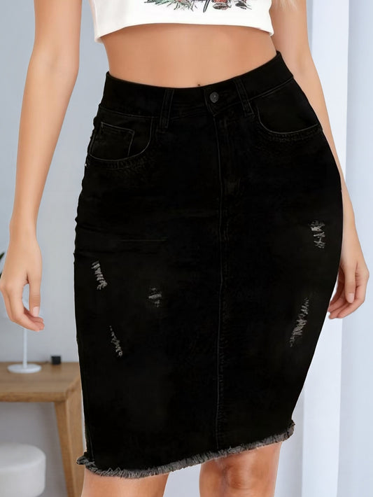 Women's Denim Skirt - High-Waist Distressed Black – Black option – main product image