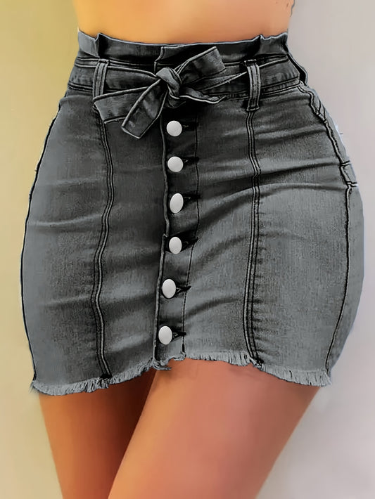 Women's Denim Skirt - Solid Color Frayed Hem – Grey option – main product image