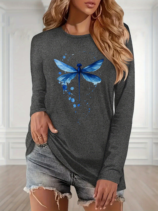 Women's Dragonfly Print Blouse - Crew Neck Long Sleeve – Grey option – main product image