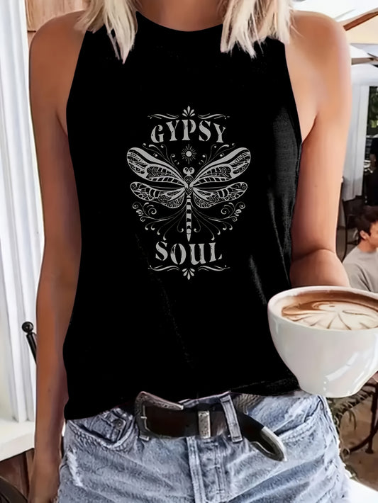 Women's Dragonfly Print Tank Top - Crew Neck Sleeveless – Black option – main product image