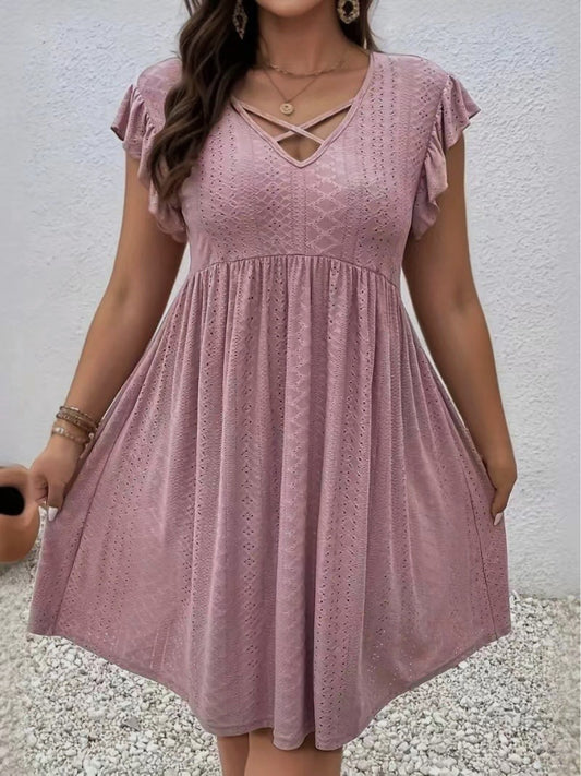 Women's Embroidered V-Neck Vacation Dress - Ruffle – main product image