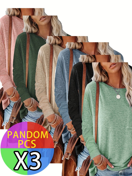 Women's Essential T-Shirt - 3-Pack Round Neck Long Sleeve – Relaxed fit / 3-Color Selection – Green option – main product ima