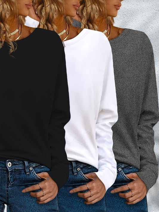 Women's Essential T-Shirt - 3-Pack Round Neck Long Sleeve – Sizes 1XL–5XL – Black option – main product image