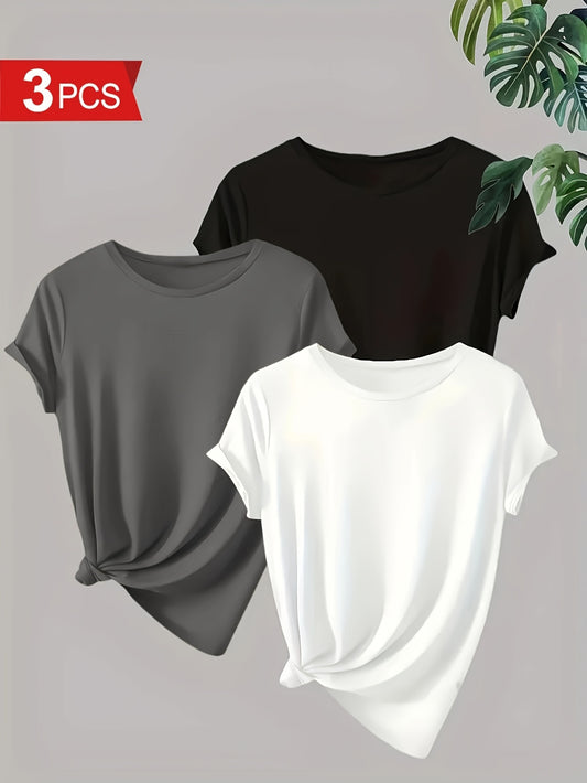 Women's Essential T-Shirt - Round Neck Short Sleeve – 3 Pieces White / Light gray sky blue – White option – main product imag