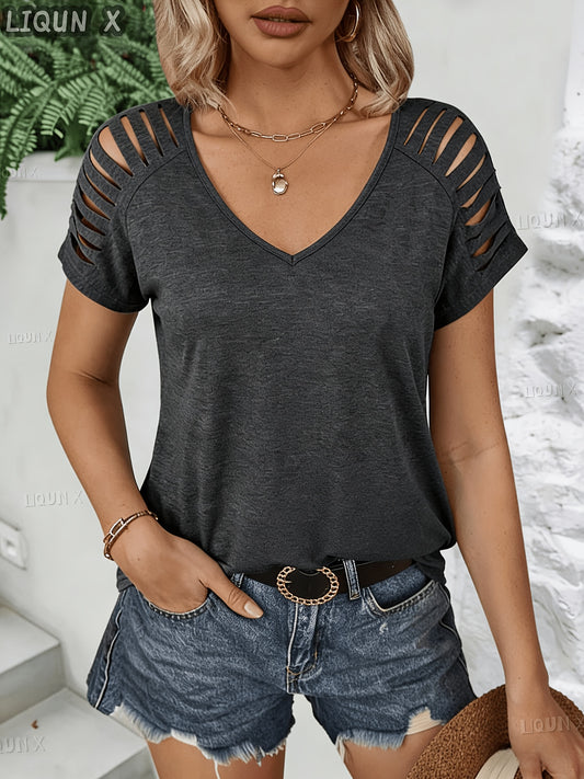 Women's Essential T-Shirt - V-Neck Short Sleeve – Dark Gray – Gray option – main product image