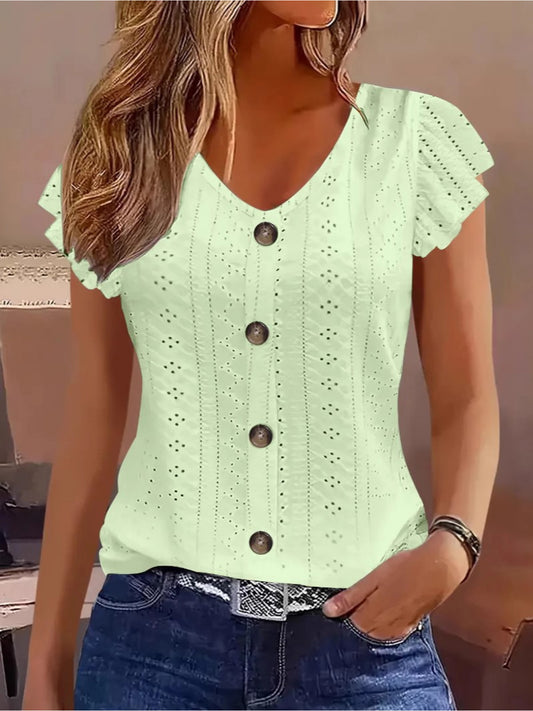 Women's Essential T-Shirt - V-Neck Short Sleeve – Greenish Yellow / Light Blue – Yellow option – main product image