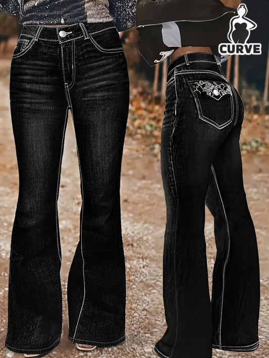Women's Flare Jeans - Black Embroidered Stretch – Black option – main product image