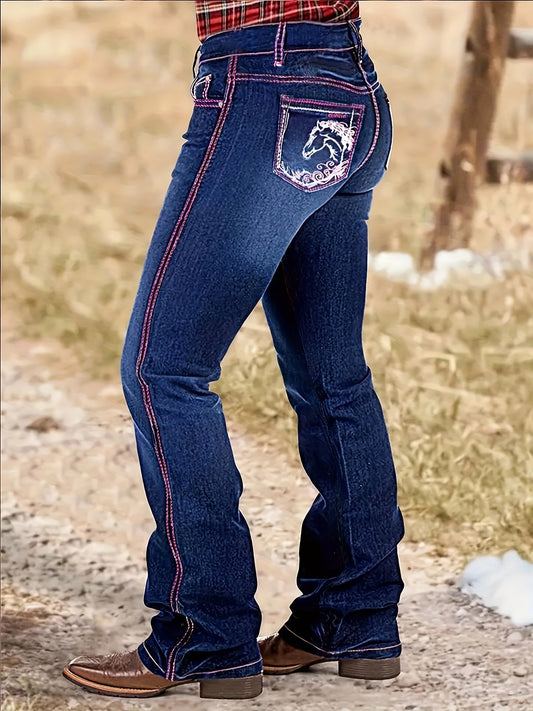 Women's Flare Jeans - Dark Blue Embroidered Stretch – Blue option – main product image