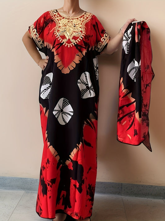 Women's Floral Crew Neck Kaftan Dress - Long Sleeve – main product image