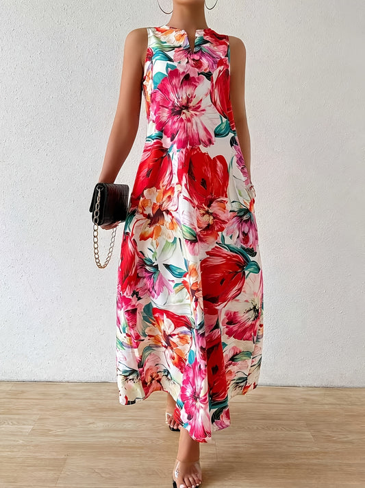 Women's Floral Crew Neck Maxi Vacation Dress - Pocket – Blue option – main product image
