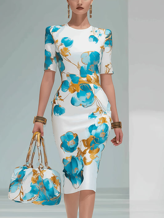 Women's Floral Crew Neck Midi Bodycon Dress - Short Sleeve – Blue option – main product image