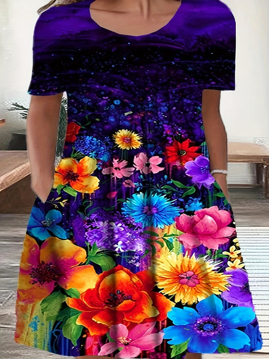 Women's Floral Crew Neck Midi Casual Dress - Short Sleeve – main product image