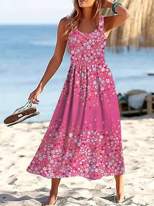 Women's Floral Crew Neck Vacation Dress – Bright Pink Color – main product image
