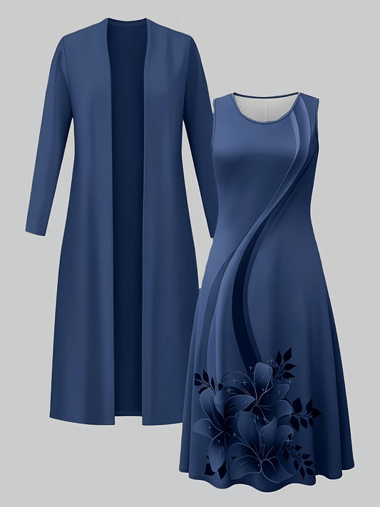 Women's Floral Dress and Cardigan Set - Two-Piece Coordinated Style – Purple option – main product image